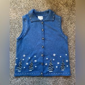 Vintage Christopher & Banks Sweater Vest-L-Hand Embroidered-Snowflakes/Trees